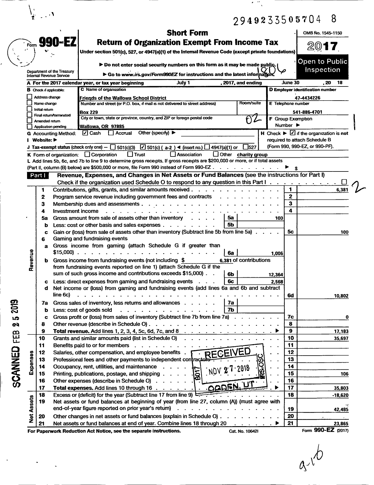 Image of first page of 2017 Form 990EO for Friends of the Wallowa School District