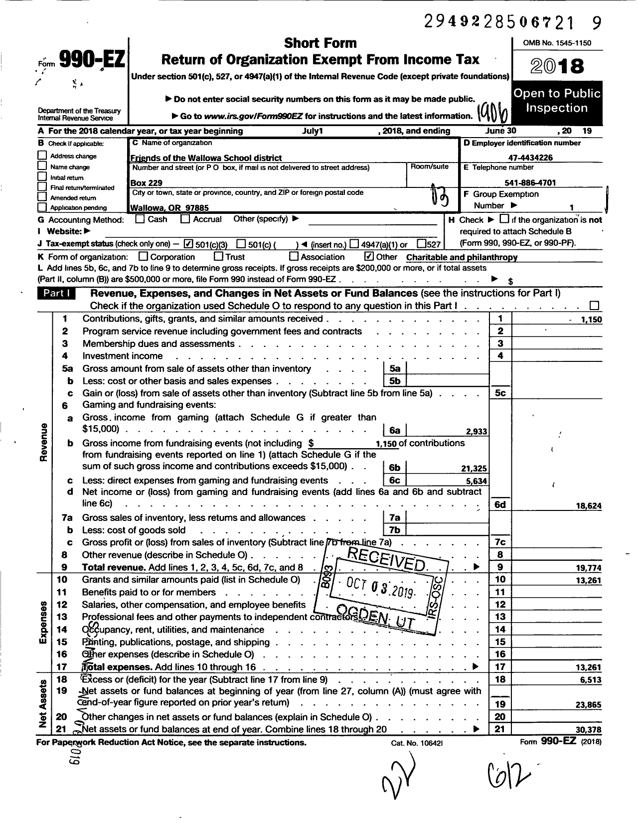 Image of first page of 2018 Form 990EZ for Friends of the Wallowa School District