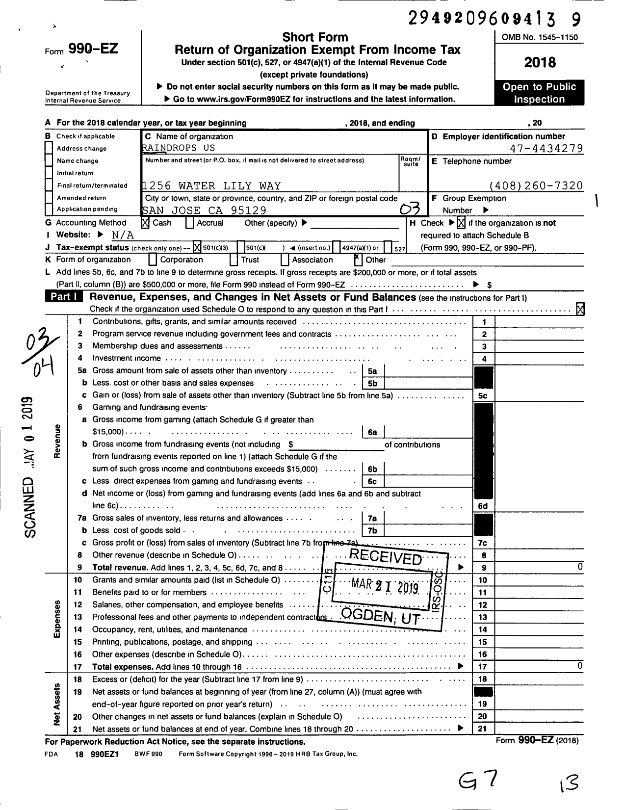 Image of first page of 2018 Form 990EZ for Raindrops Us