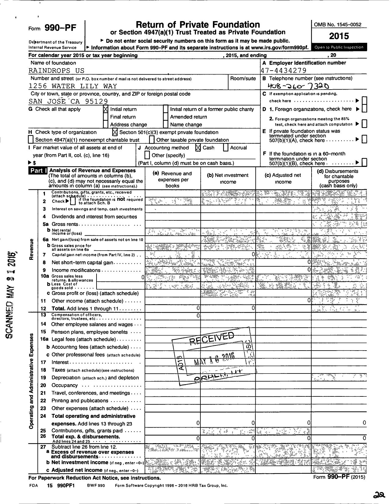 Image of first page of 2015 Form 990PF for Raindrops Us