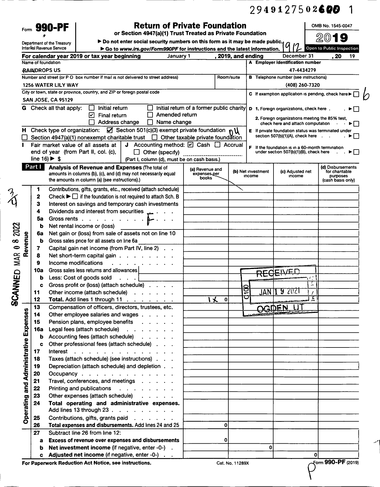 Image of first page of 2019 Form 990PF for Raindrops Us
