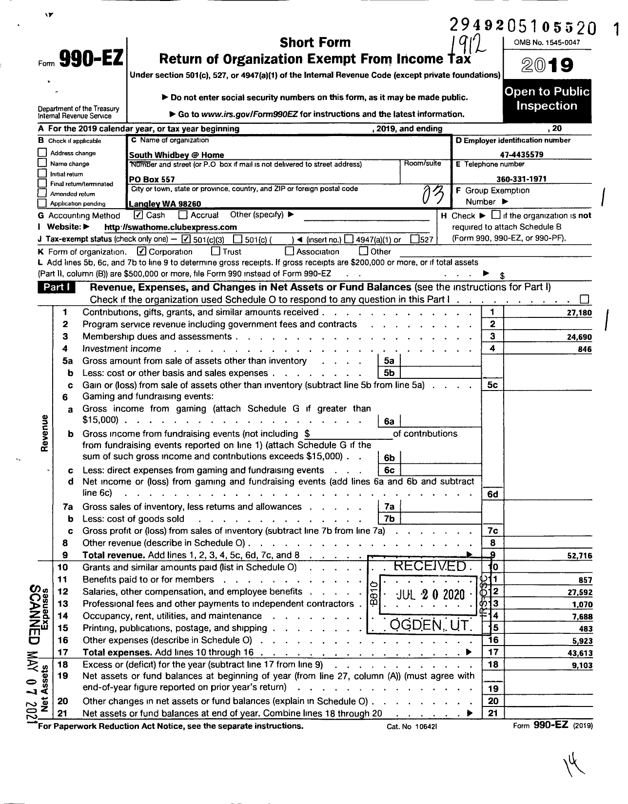 Image of first page of 2019 Form 990EZ for South Whidbey at Home