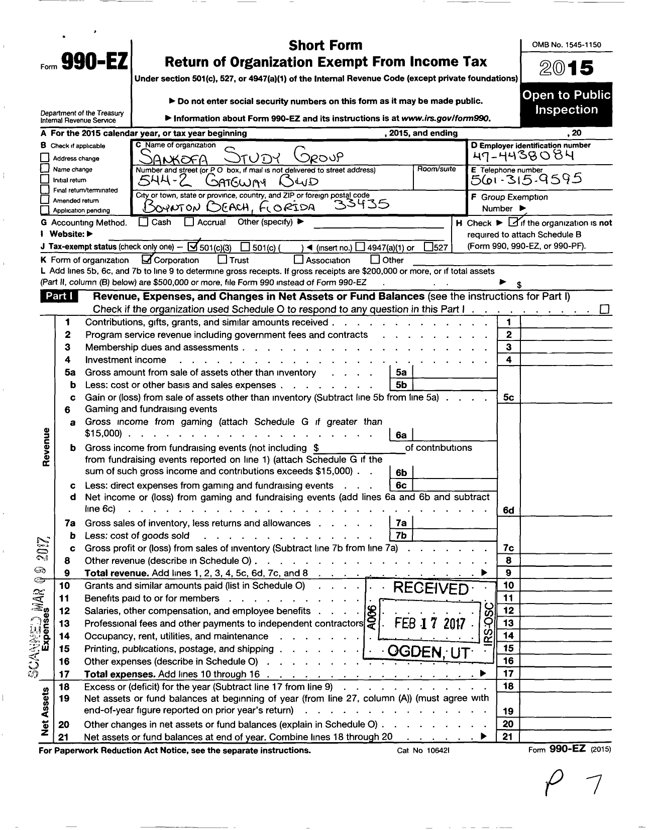 Image of first page of 2015 Form 990EZ for Sankofa Study Group