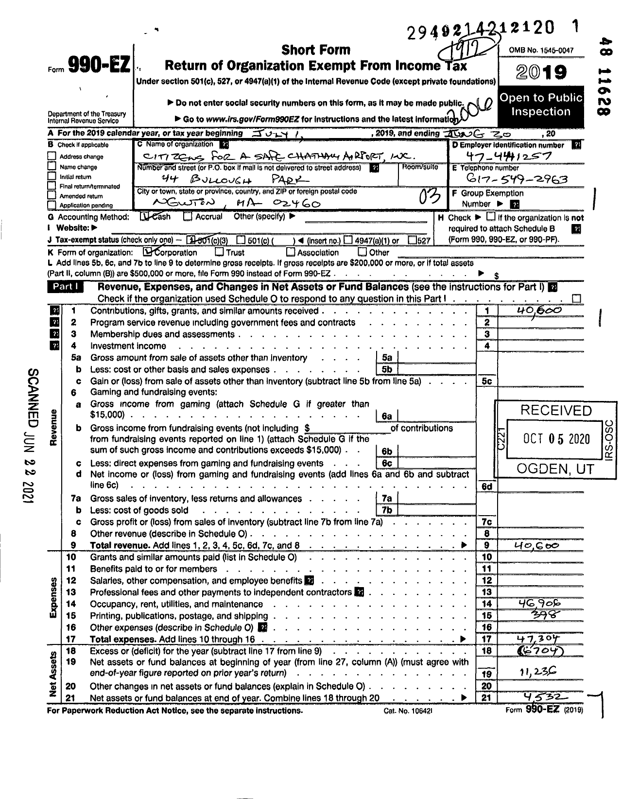 Image of first page of 2019 Form 990EZ for Citizens for A Safe Chatham Airport Incorporated