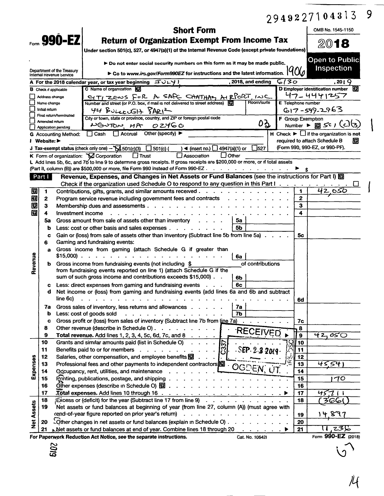 Image of first page of 2018 Form 990EZ for Citizens for A Safe Chatham Airport Incorporated
