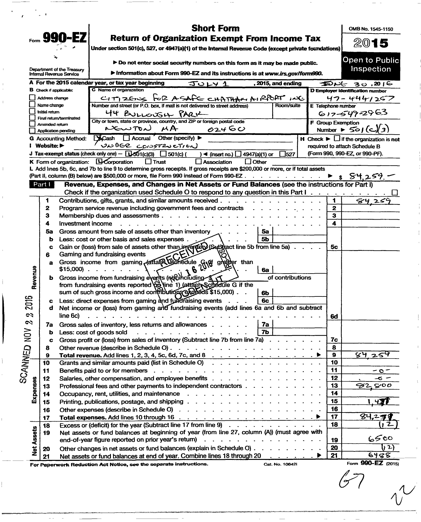 Image of first page of 2015 Form 990EZ for Citizens for A Safe Chatham Airport Incorporated