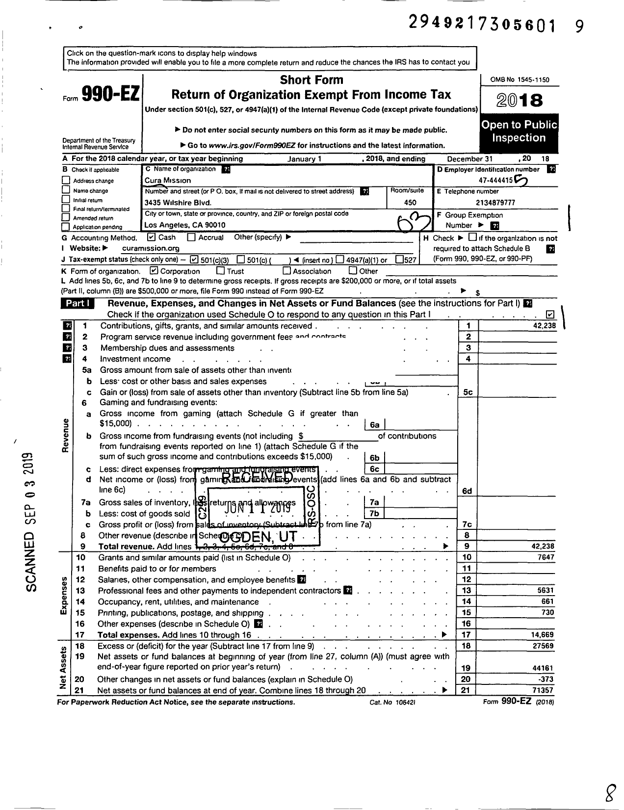 Image of first page of 2018 Form 990EZ for Cura Mission