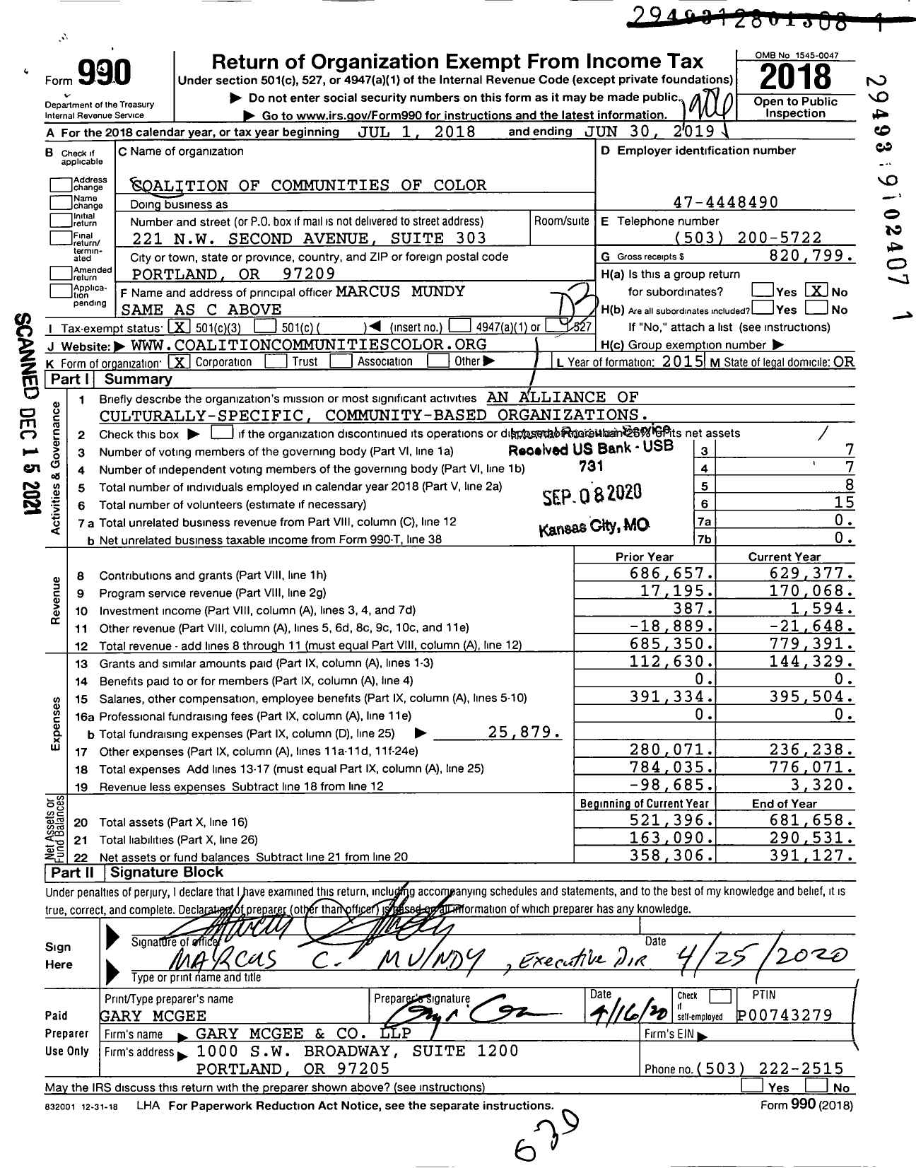 Image of first page of 2018 Form 990 for Coalition of Communities of Color