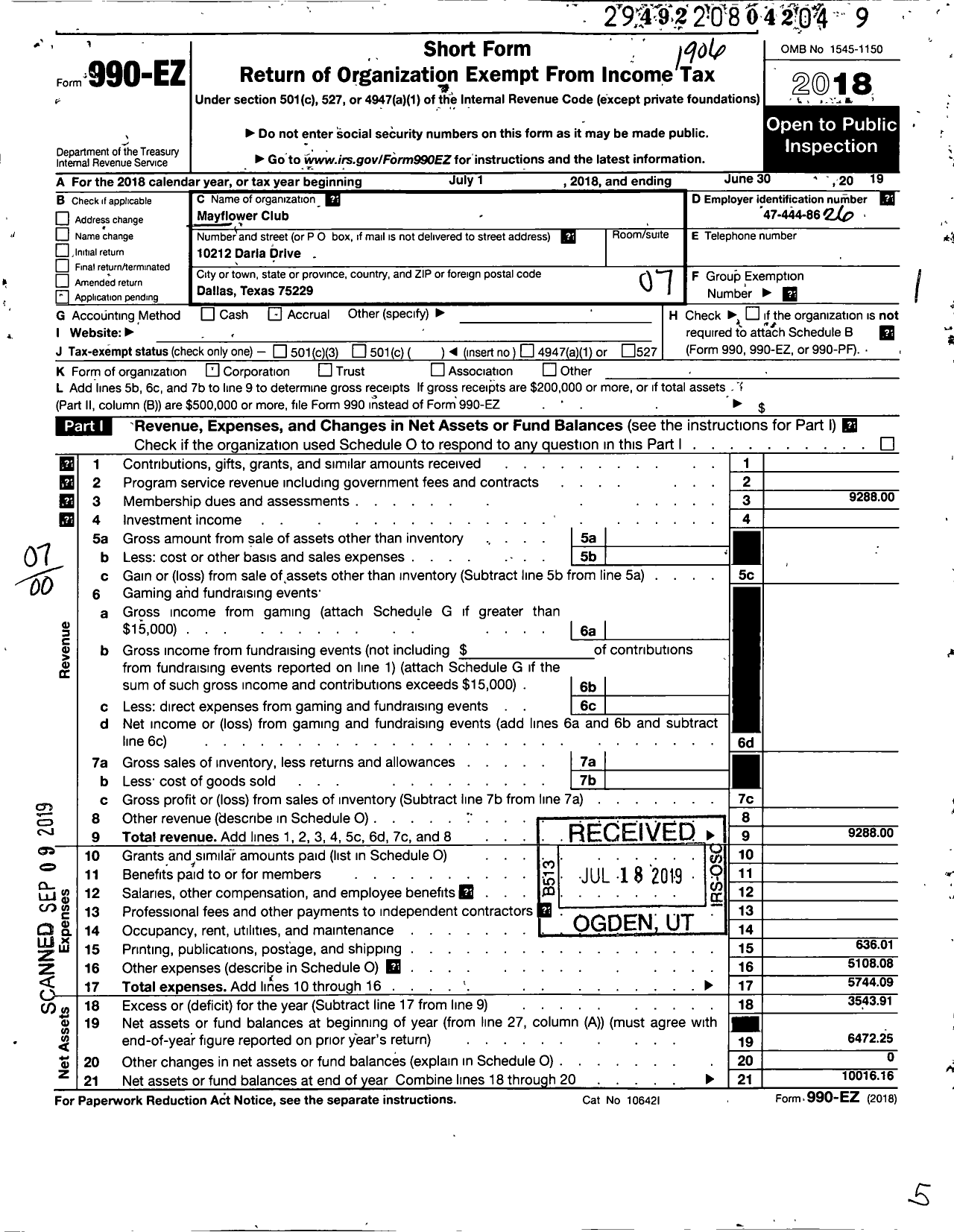 Image of first page of 2018 Form 990EO for Mayflower Club