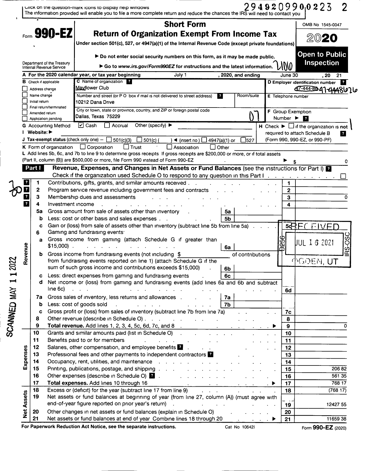 Image of first page of 2020 Form 990EO for Mayflower Club