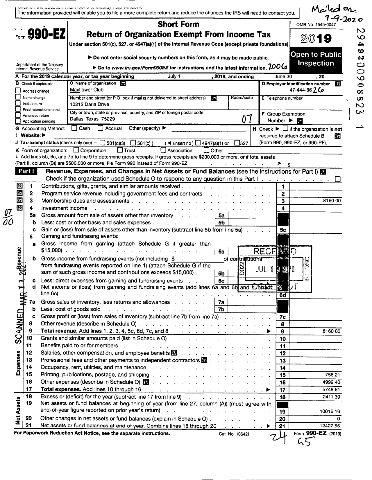 Image of first page of 2019 Form 990EO for Mayflower Club