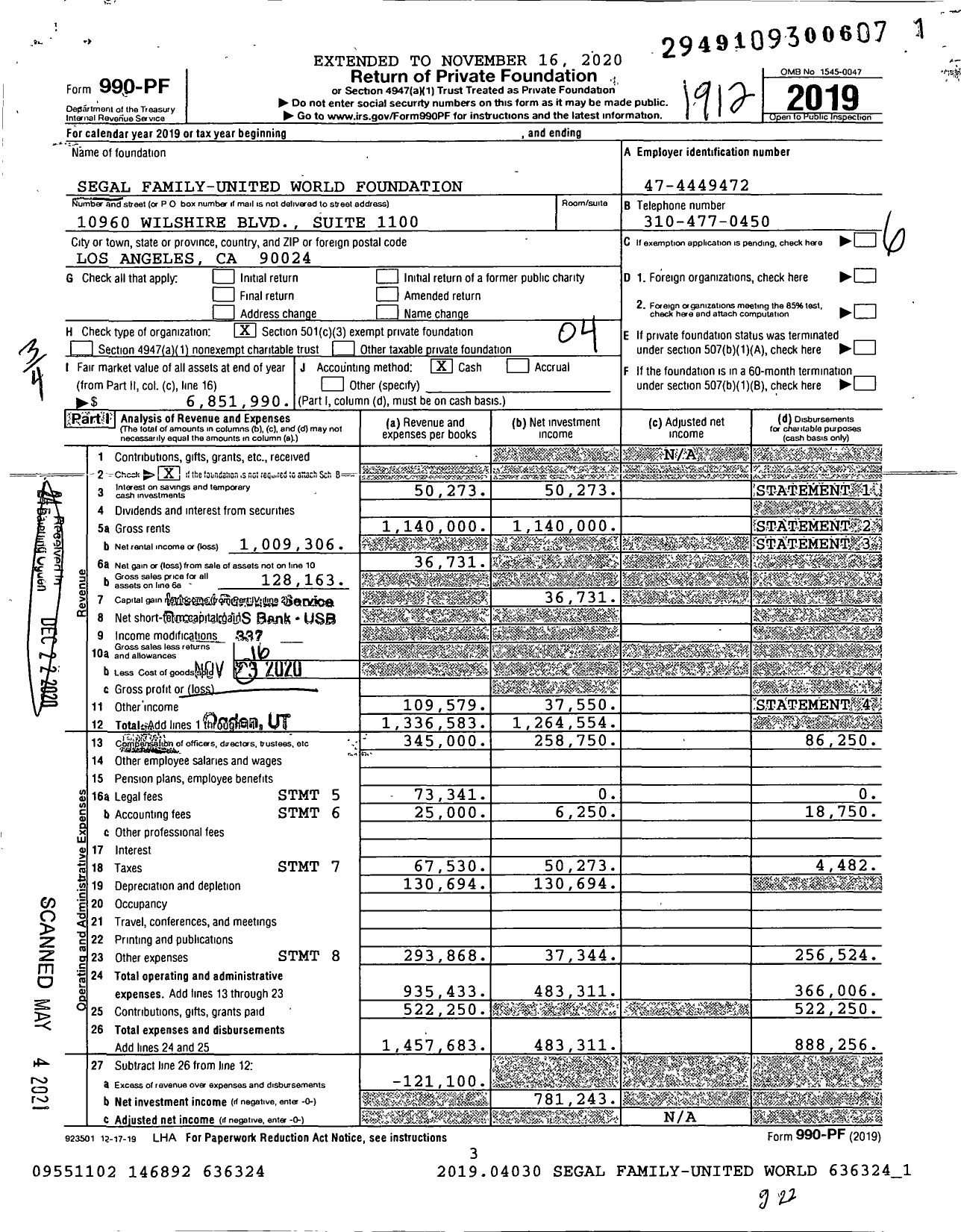 Image of first page of 2019 Form 990PF for Segal Family-United World Foundation