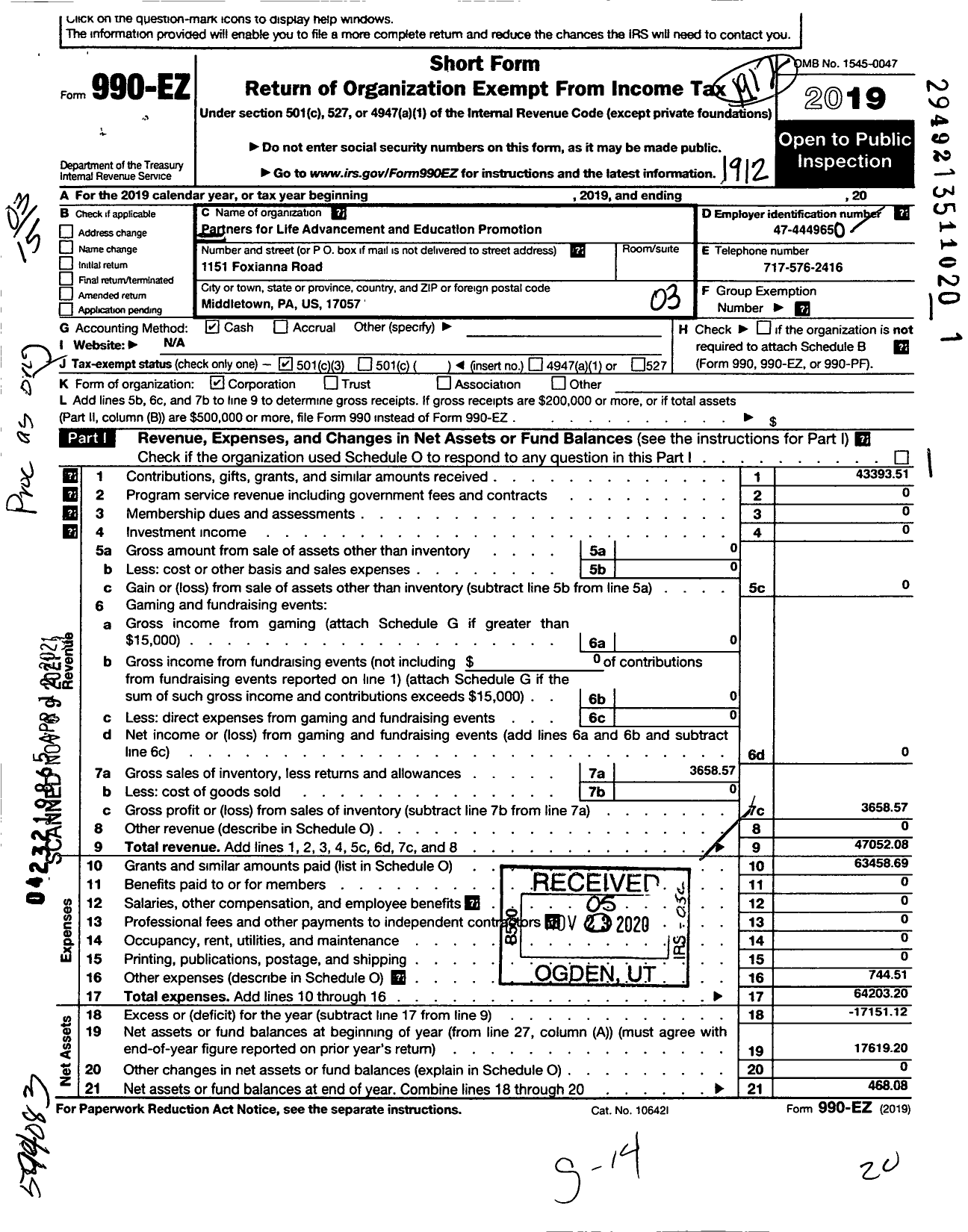 Image of first page of 2019 Form 990EZ for Partners for Life Advancement and Education Promotion