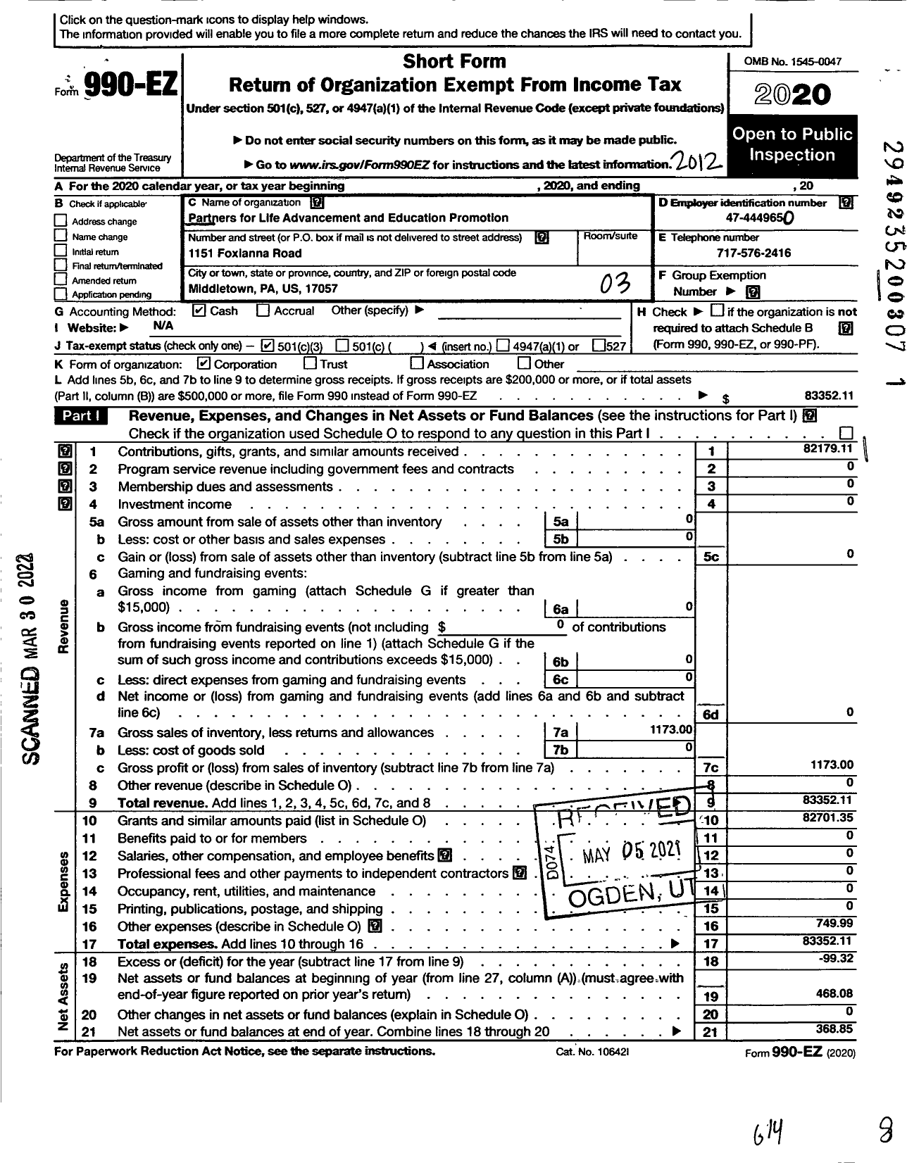 Image of first page of 2020 Form 990EZ for Partners for Life Advancement and Education Promotion