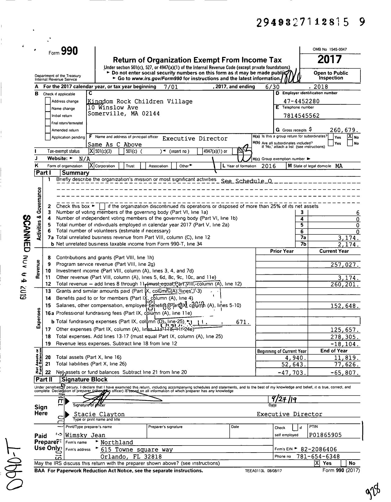 Image of first page of 2017 Form 990 for Kingdom Rock Childrens Village