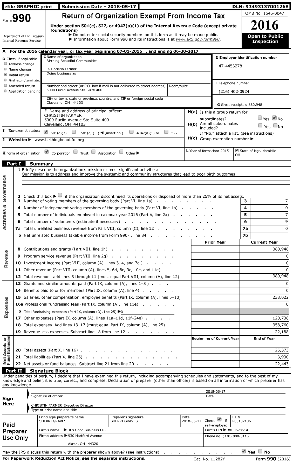 Image of first page of 2016 Form 990 for Birthing Beautiful Communities