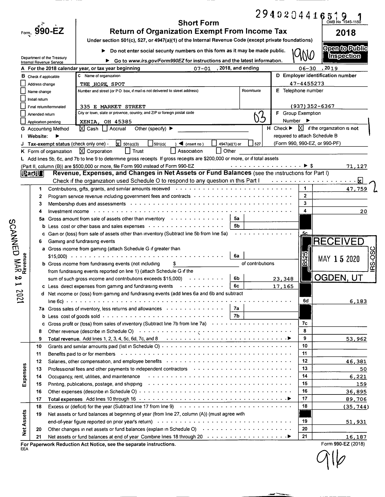 Image of first page of 2018 Form 990EZ for Hope Spot