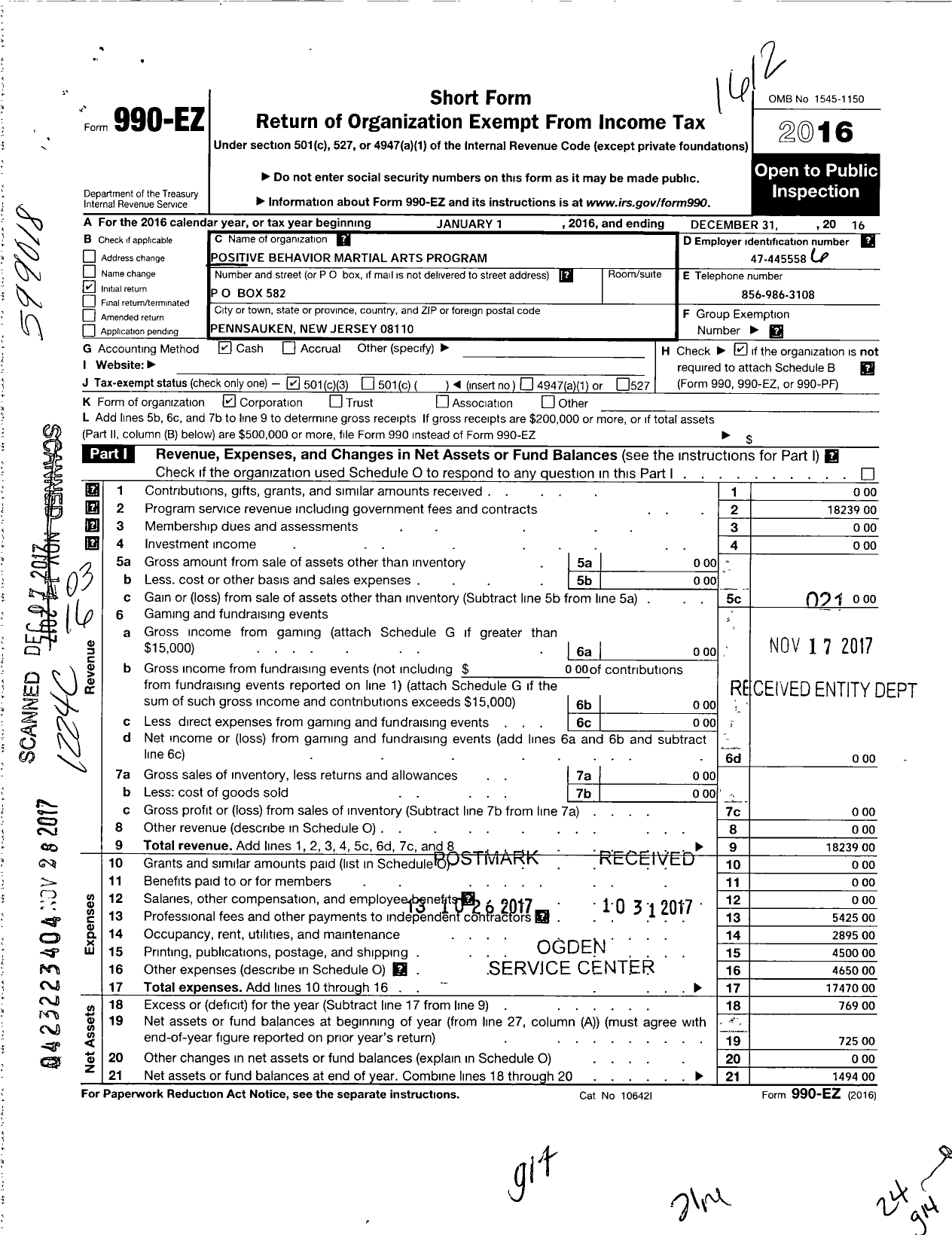 Image of first page of 2016 Form 990EZ for Positive Behavior Modification Martial Arts Program