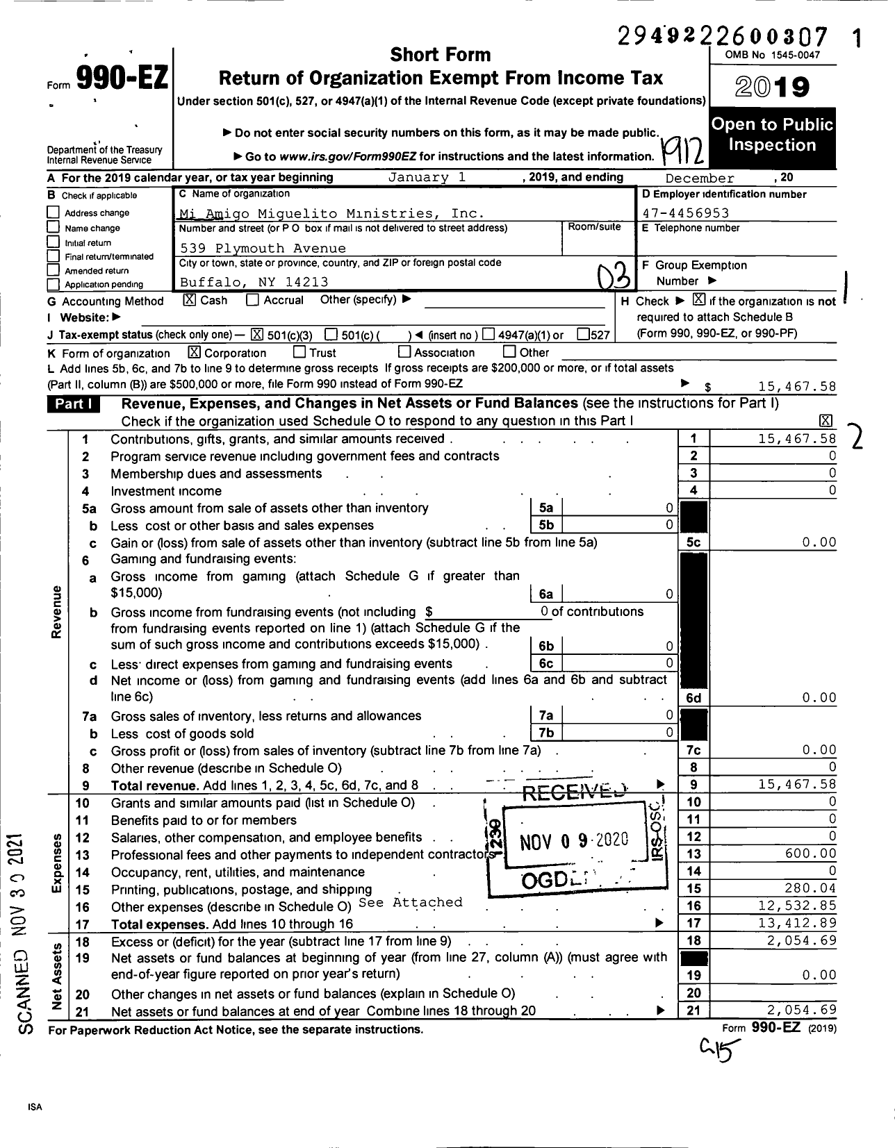 Image of first page of 2019 Form 990EZ for Mi Amigo Miguelito