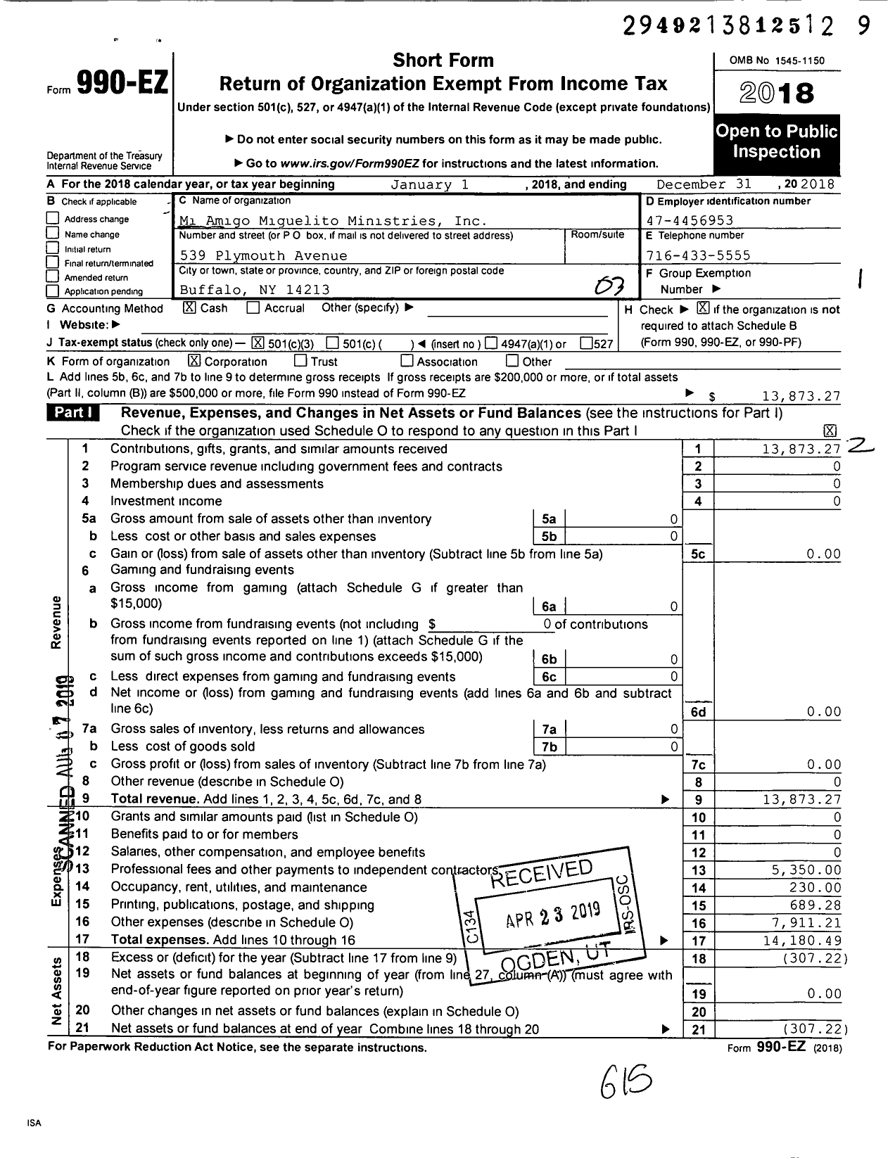 Image of first page of 2018 Form 990EZ for Mi Amigo Miguelito