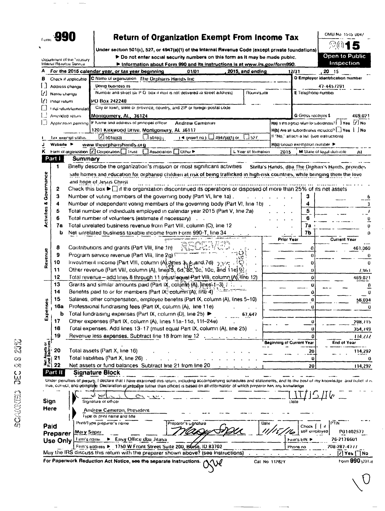 Image of first page of 2015 Form 990 for The Orphans Hands