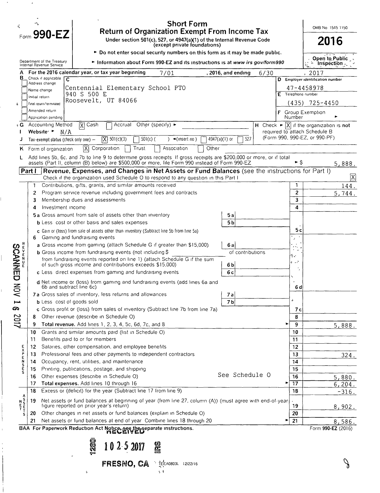 Image of first page of 2016 Form 990EZ for Centennial Elementary School PTO