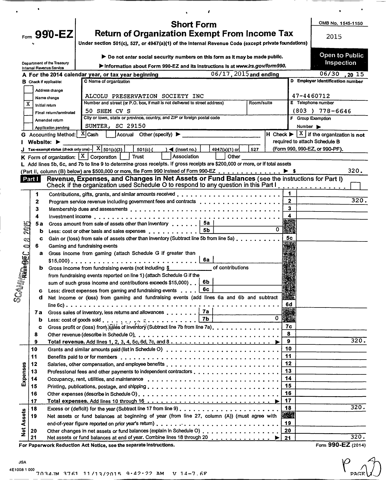 Image of first page of 2014 Form 990EZ for Alcolu Preservation Society