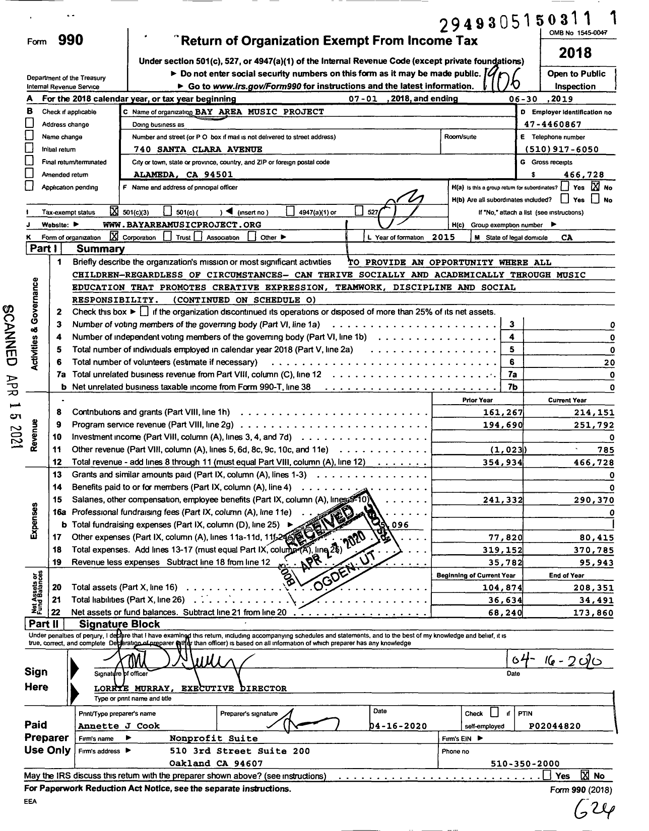 Image of first page of 2018 Form 990 for Bay Area Music Project