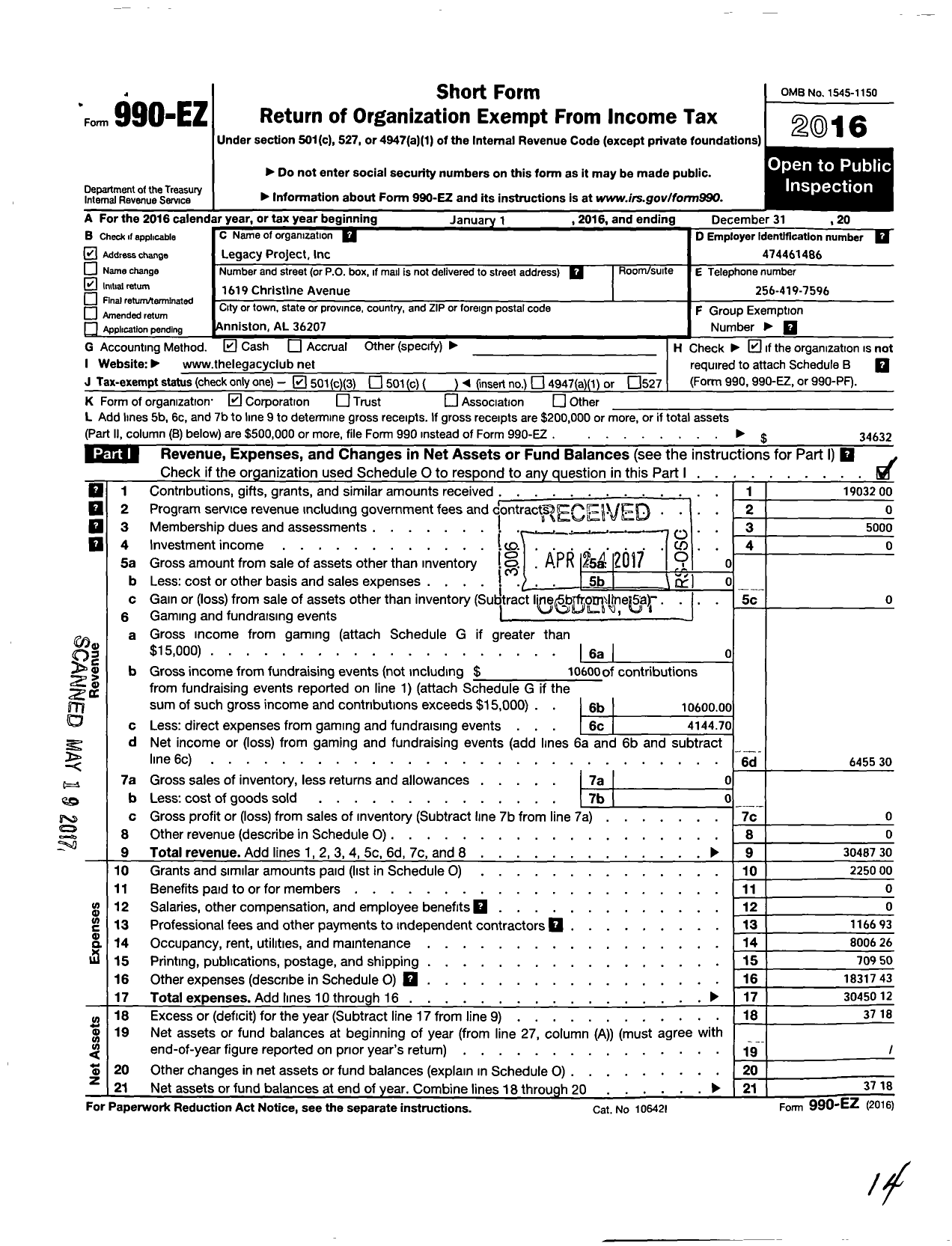 Image of first page of 2016 Form 990EZ for Legacy Project