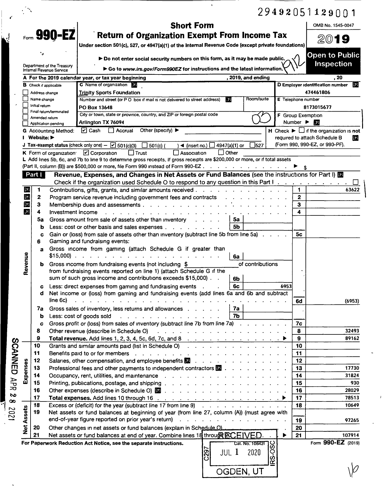 Image of first page of 2019 Form 990EZ for Trinity Community Foundation