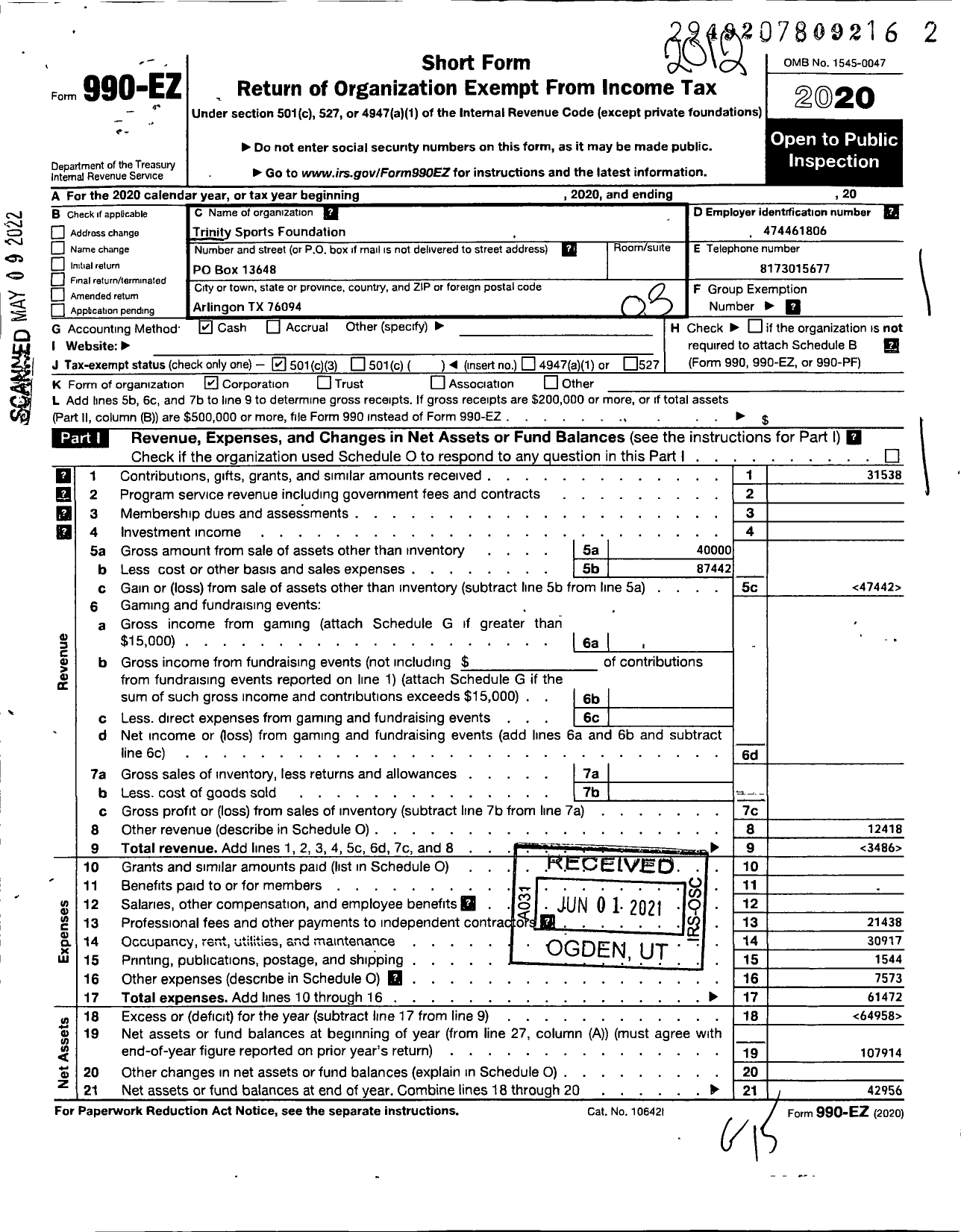 Image of first page of 2020 Form 990EZ for Trinity Community Foundation