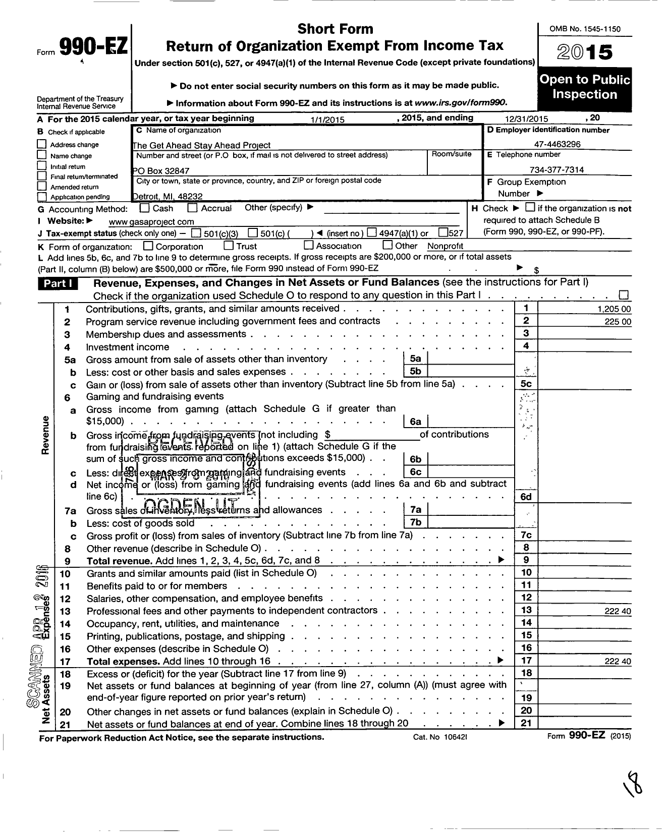 Image of first page of 2015 Form 990EO for Get Ahead Stay Ahead Project