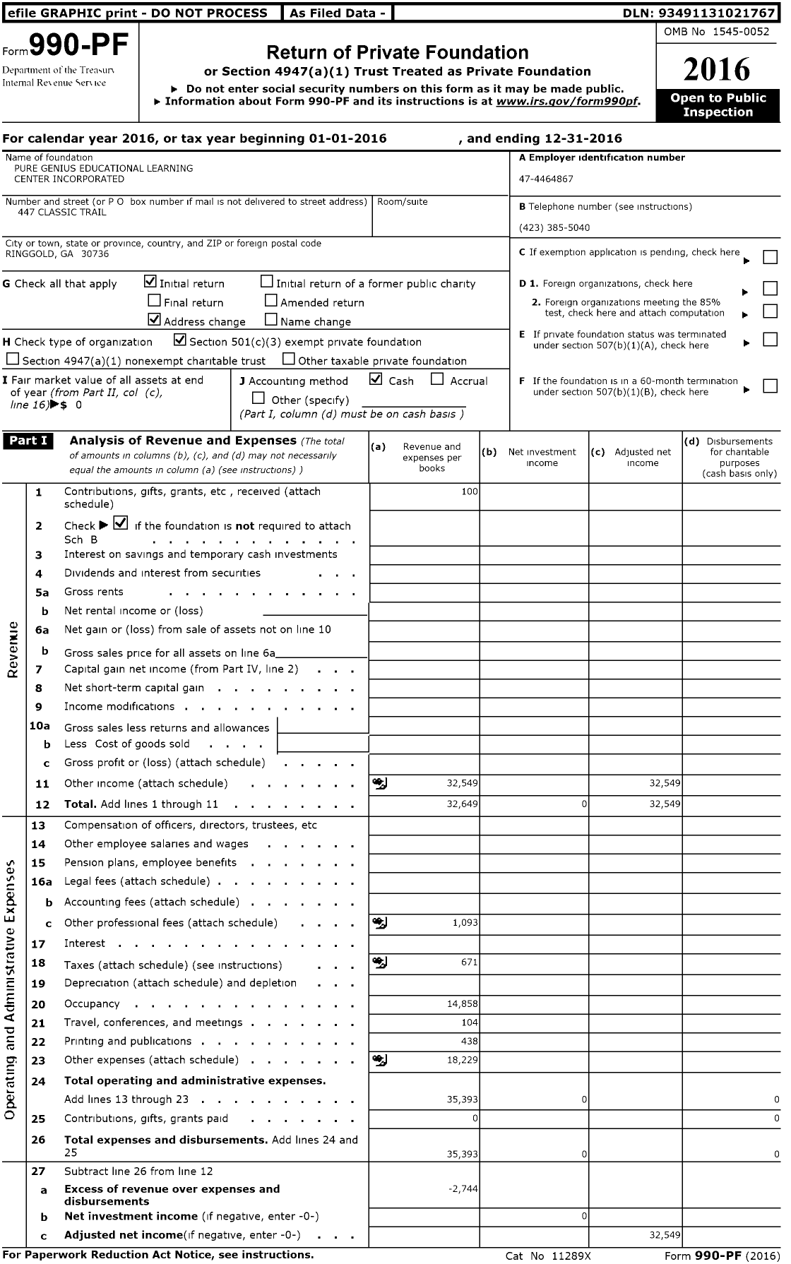 Image of first page of 2016 Form 990PF for Pure Genius Educational Learning Center Incorporated