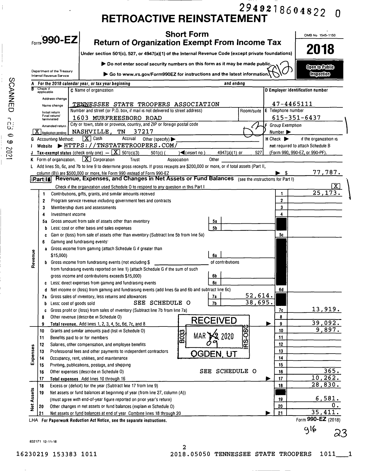 Image of first page of 2018 Form 990EZ for Tennessee State Trooper Association (TSTA)