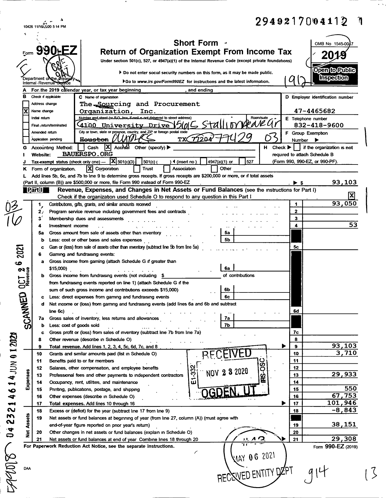 Image of first page of 2019 Form 990EZ for The Sourcing and Procurement Organization