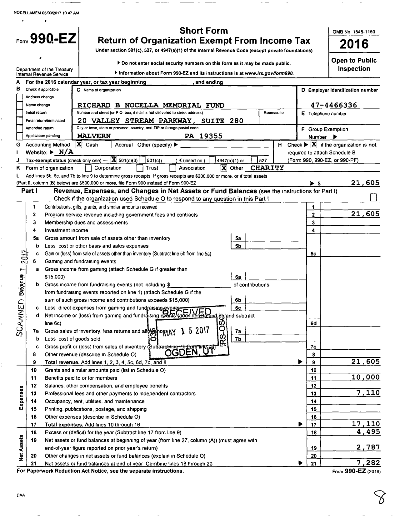 Image of first page of 2016 Form 990EZ for Richard B Nocella Memorial Fund