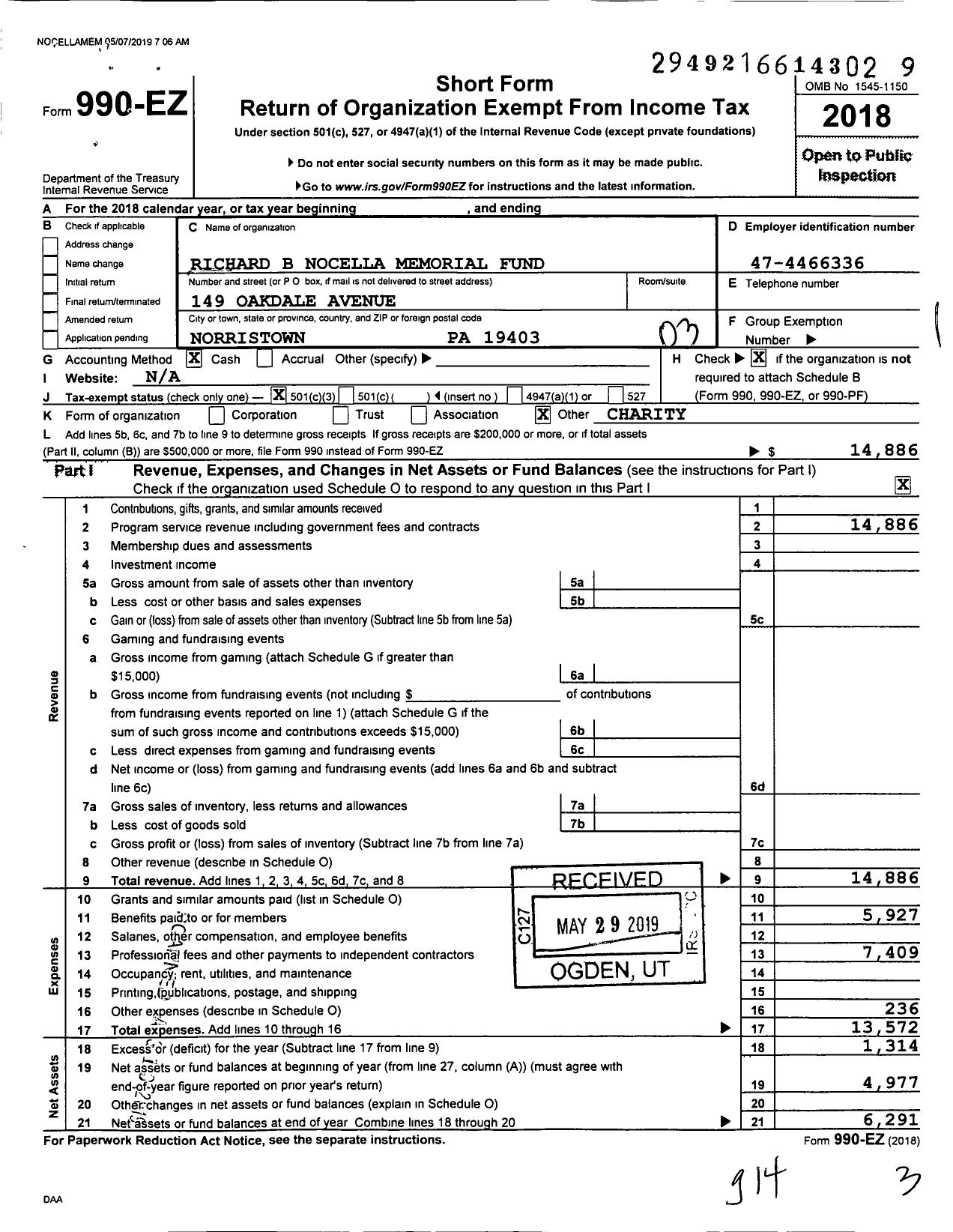 Image of first page of 2018 Form 990EZ for Richard B Nocella Memorial Fund