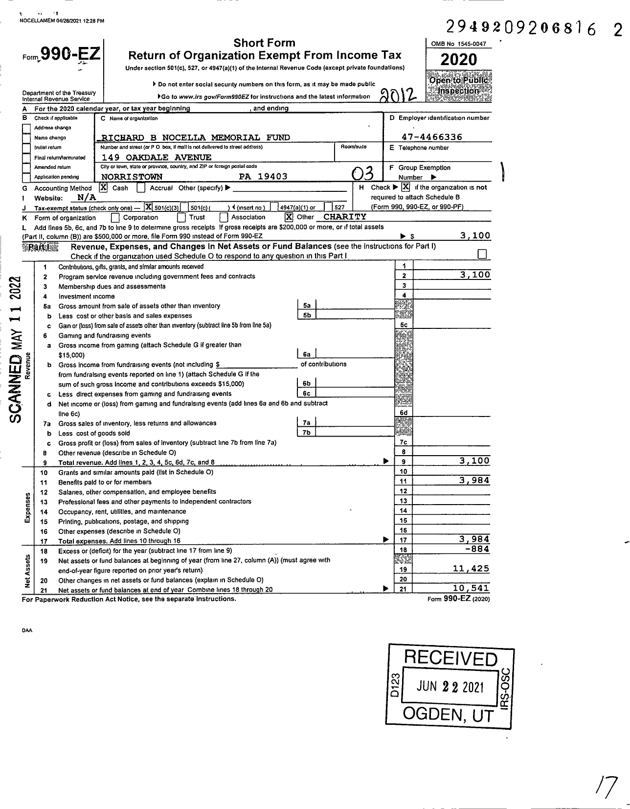 Image of first page of 2020 Form 990EZ for Richard B Nocella Memorial Fund