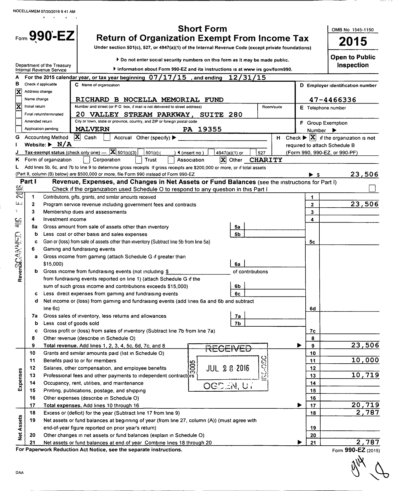 Image of first page of 2015 Form 990EZ for Richard B Nocella Memorial Fund