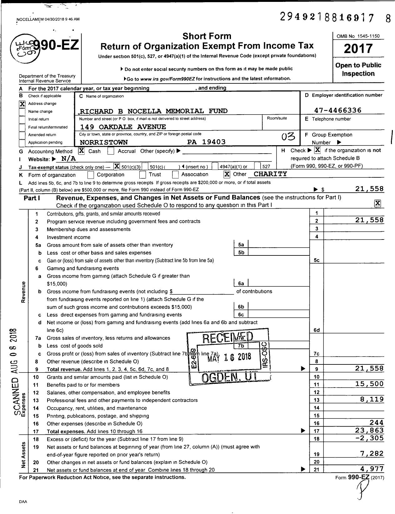 Image of first page of 2017 Form 990EZ for Richard B Nocella Memorial Fund