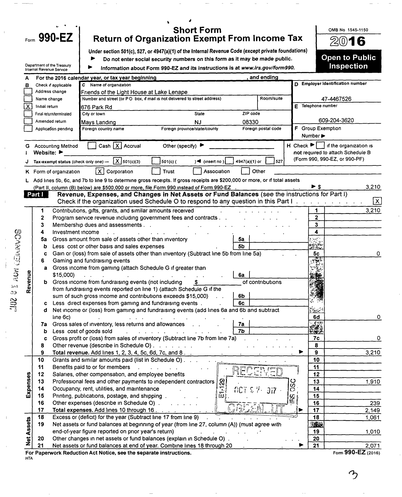 Image of first page of 2016 Form 990EZ for Friends of the Light House at Lake Lenape