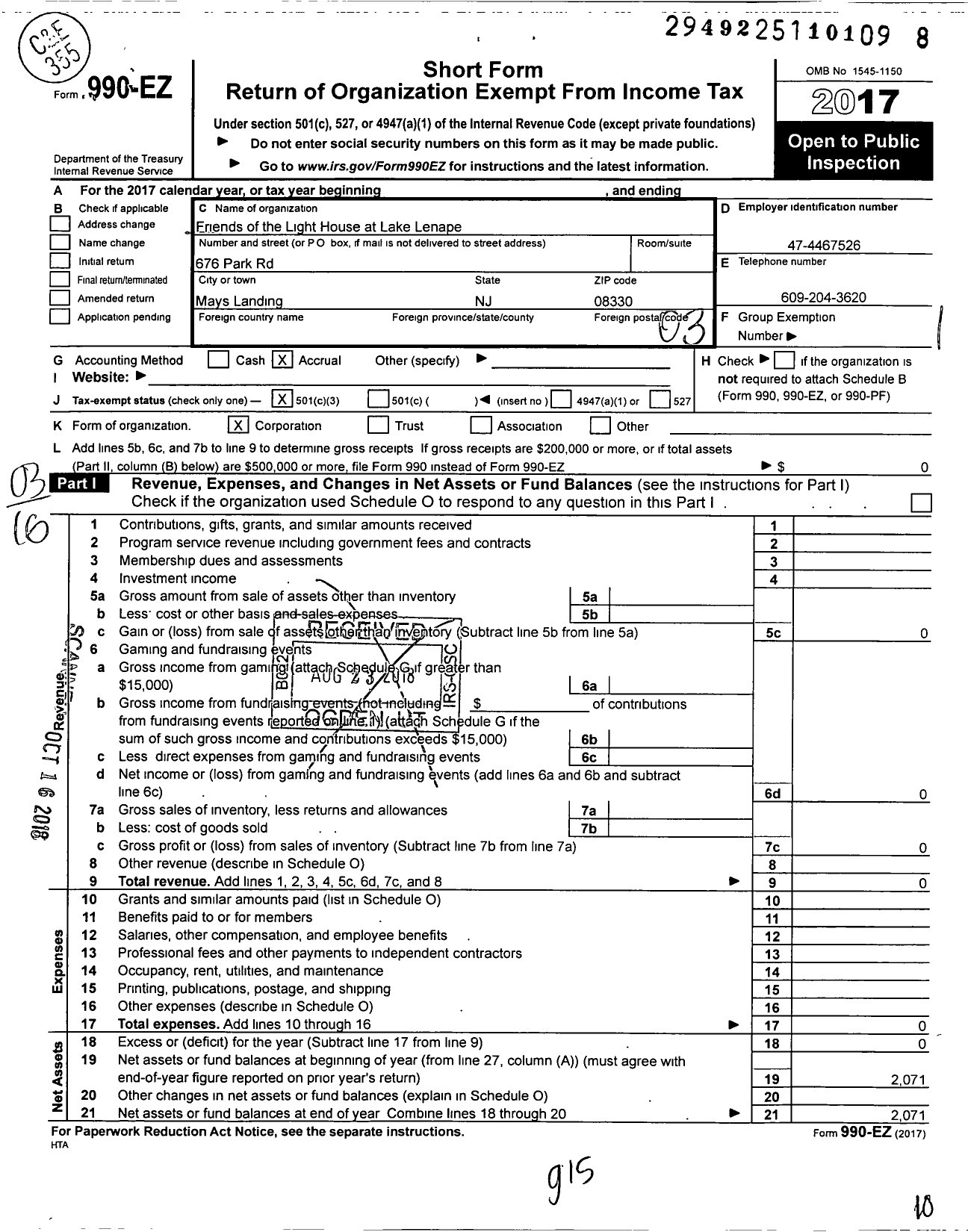 Image of first page of 2017 Form 990EZ for Friends of the Light House at Lake Lenape