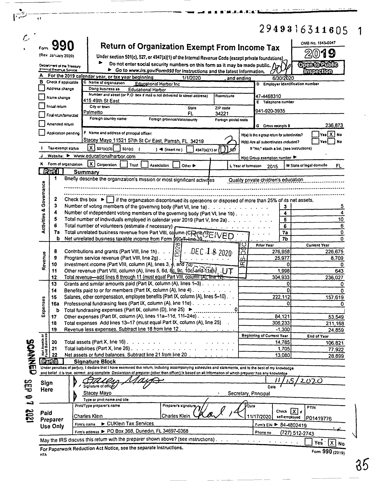 Image of first page of 2019 Form 990 for Educational Harbor