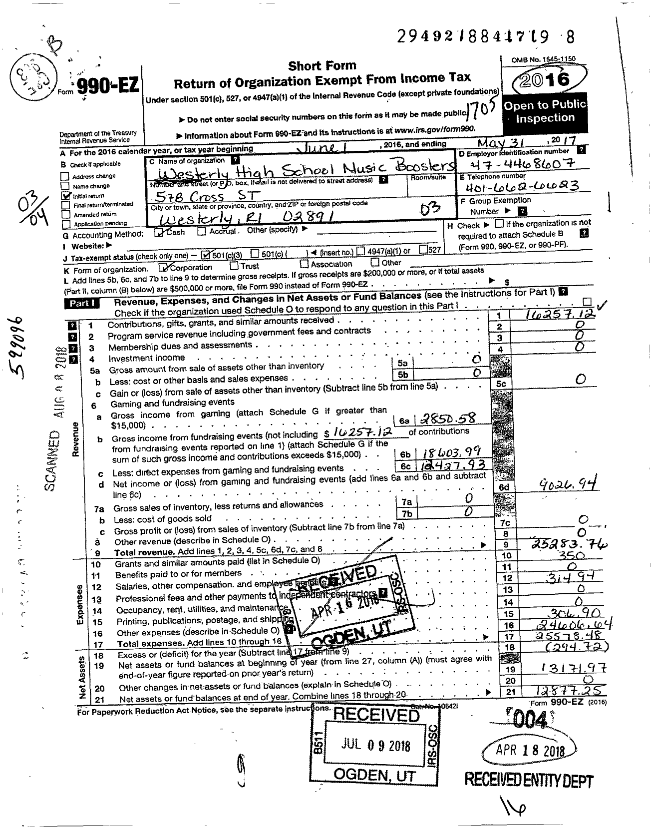 Image of first page of 2016 Form 990EZ for Westerly High School Music Boosters