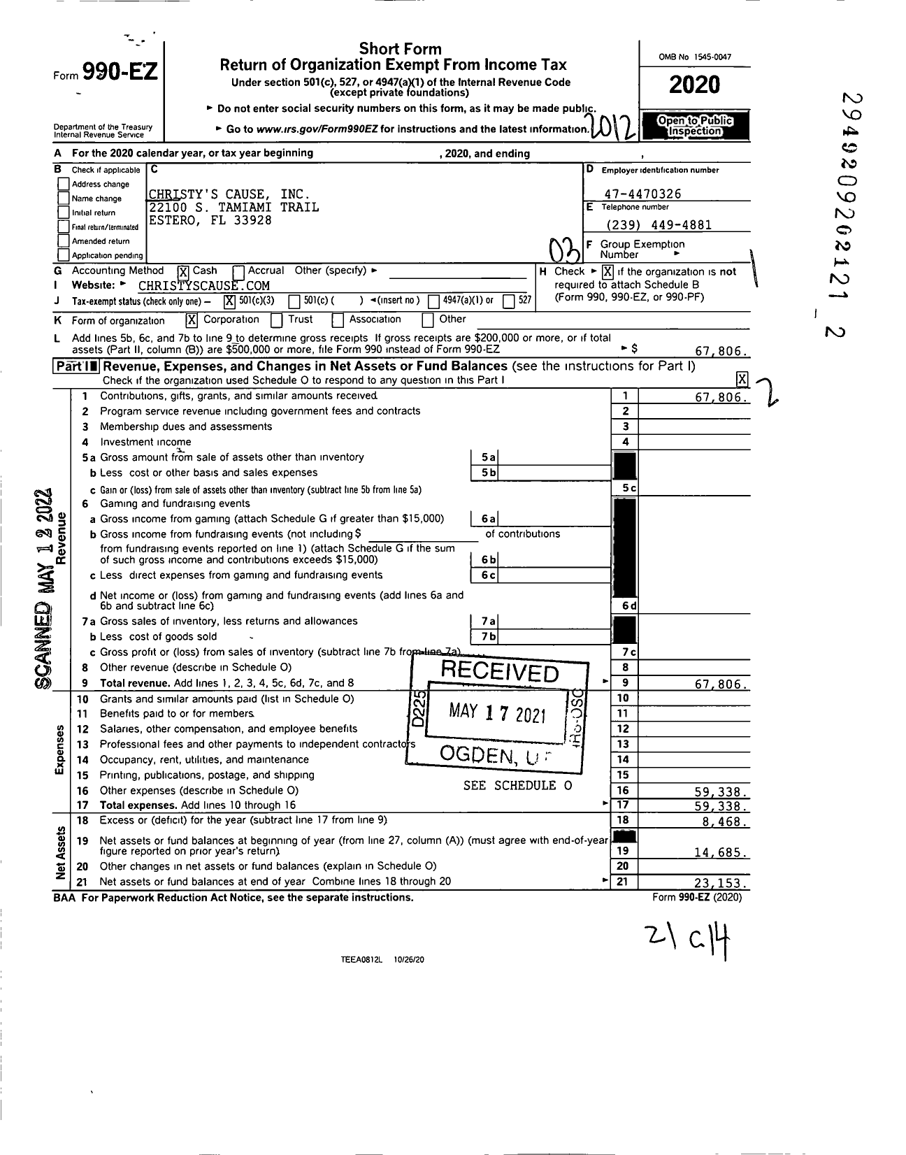 Image of first page of 2020 Form 990EZ for Christys Cause