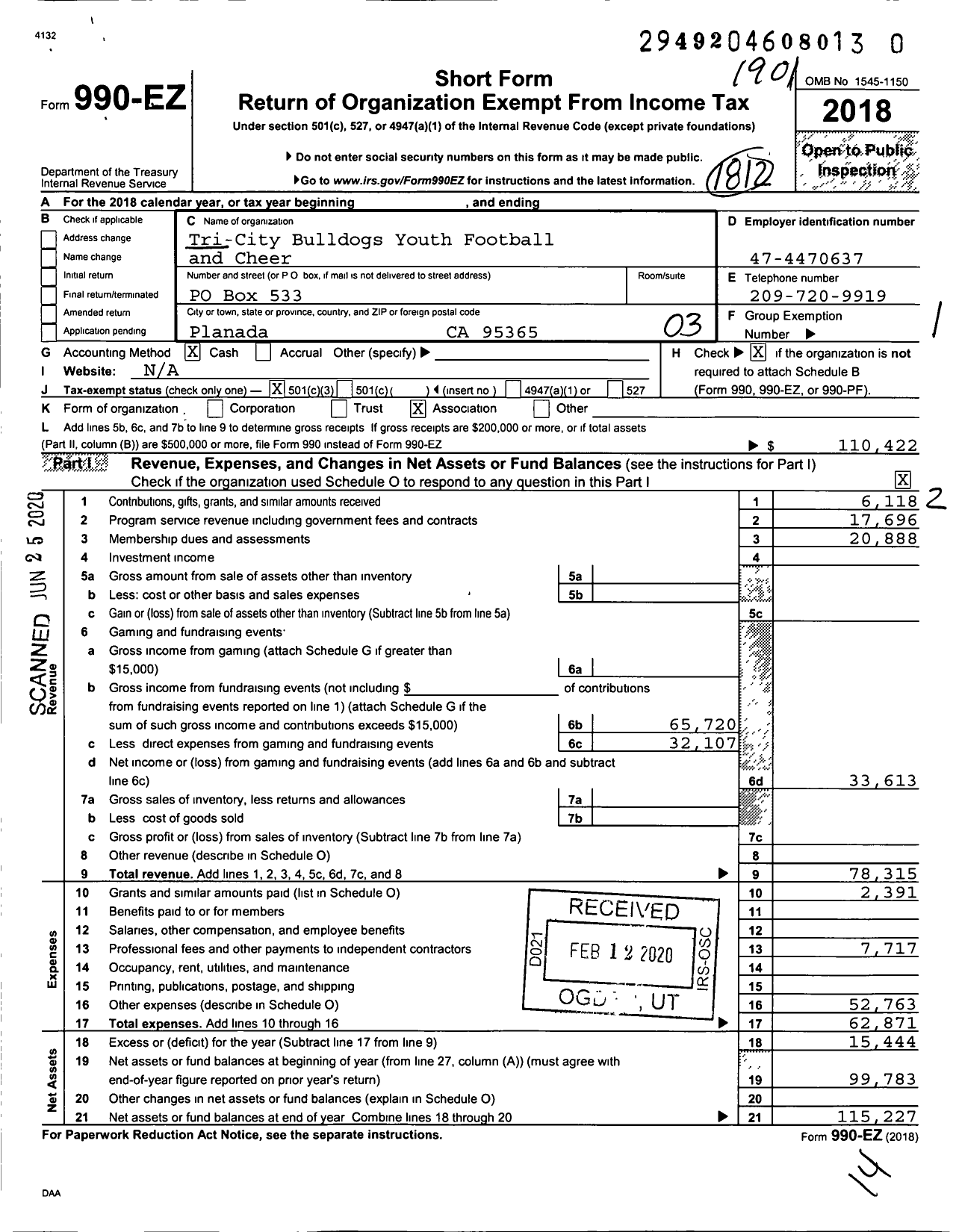 Image of first page of 2018 Form 990EZ for Tri City Bulldogs Youth Football