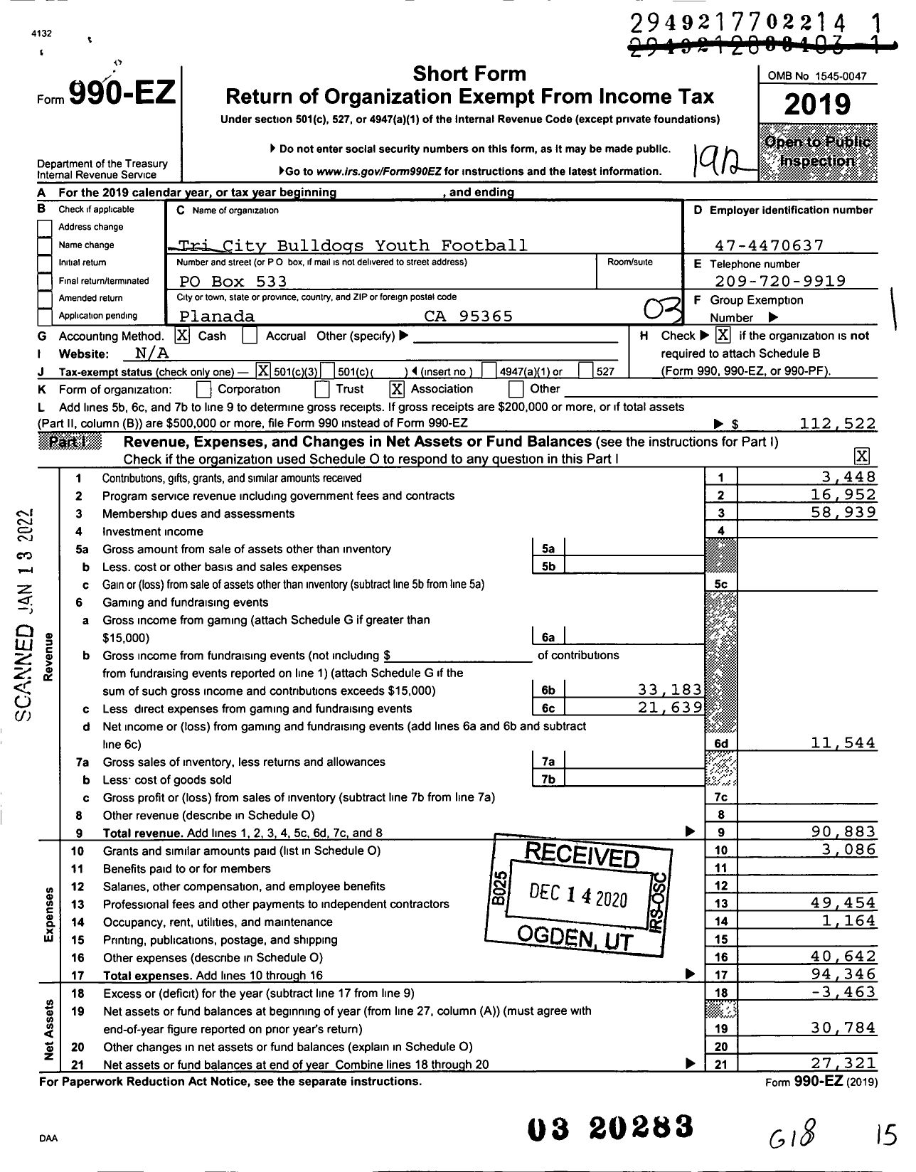 Image of first page of 2019 Form 990EZ for Tri City Bulldogs Youth Football