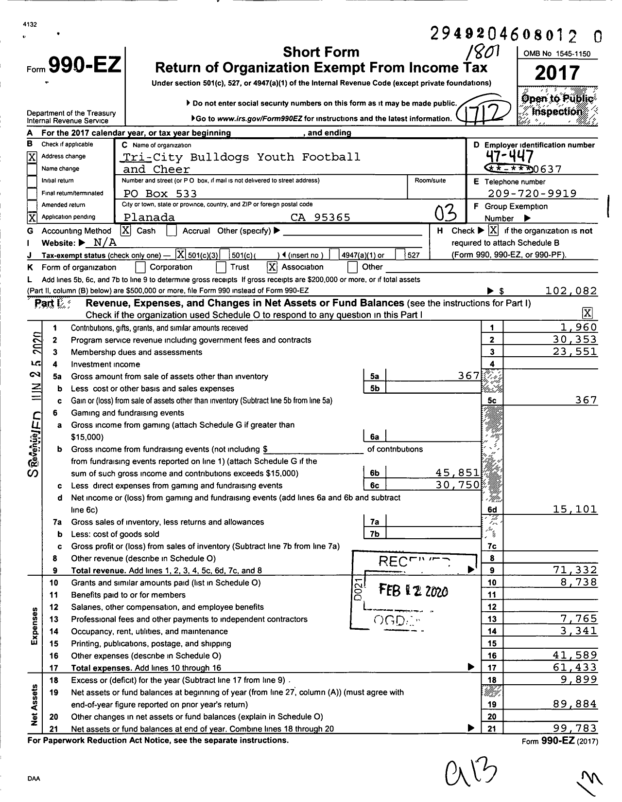 Image of first page of 2017 Form 990EZ for Tri City Bulldogs Youth Football