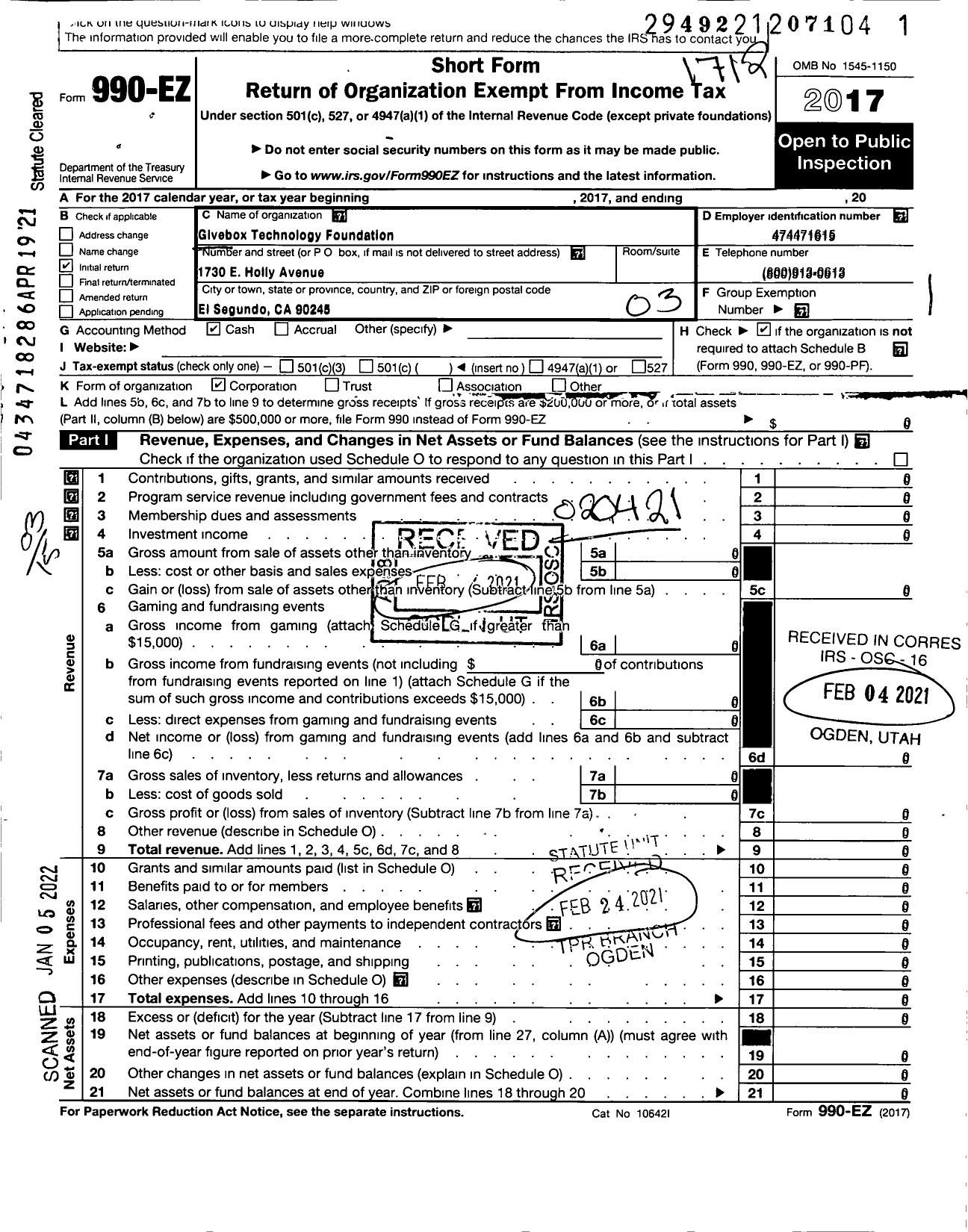 Image of first page of 2017 Form 990EZ for GiveBox Technology Foundation