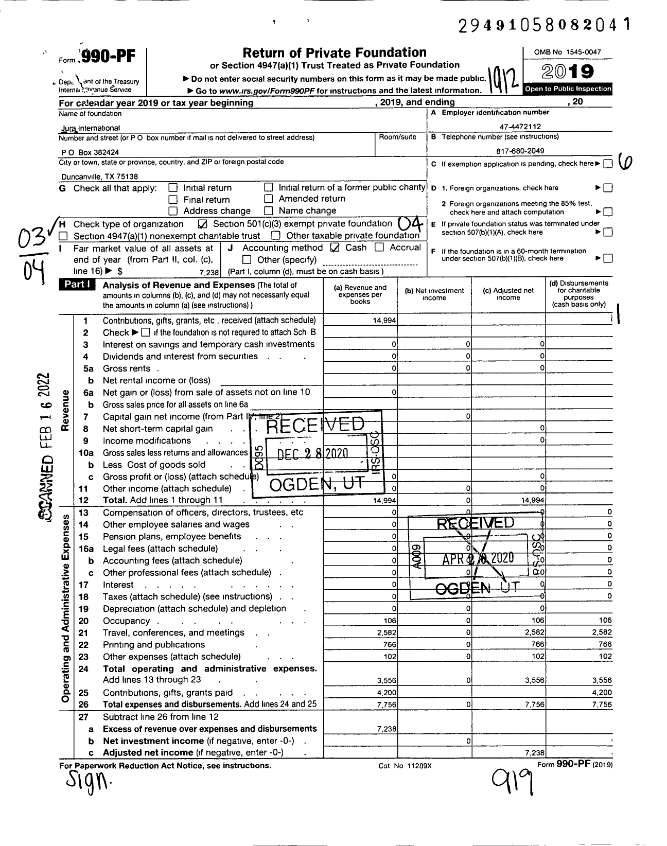 Image of first page of 2019 Form 990PF for Jura International